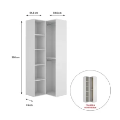 Armario vestidor Suit rinconero reversible 2 barras + 4 estantes blanco 205x84,5x84,5 cm