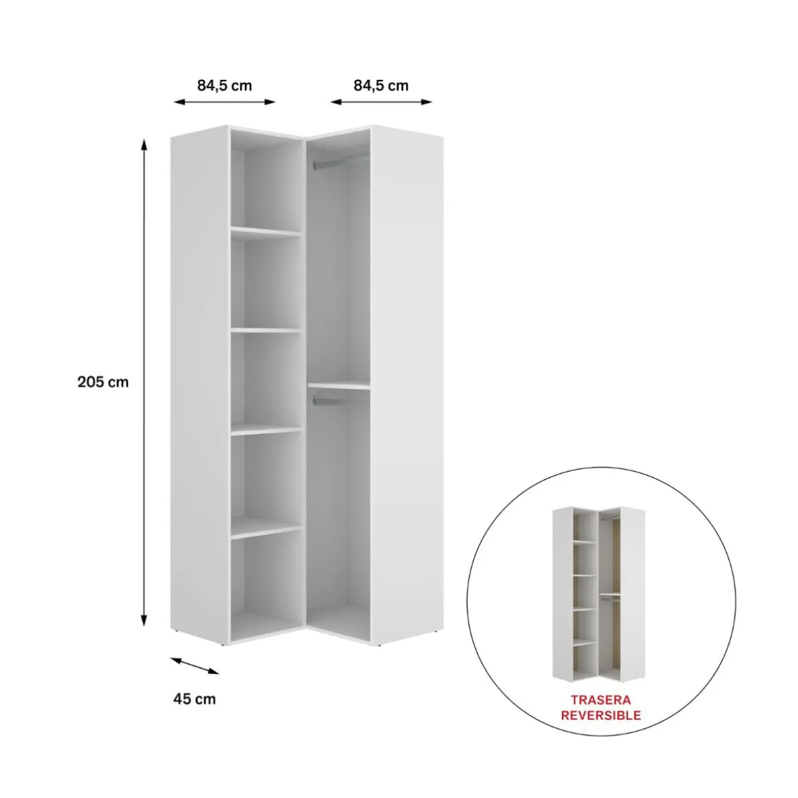 Armario vestidor Suit rinconero reversible 2 barras + 4 estantes blanco 205x84,5x84,5 cm