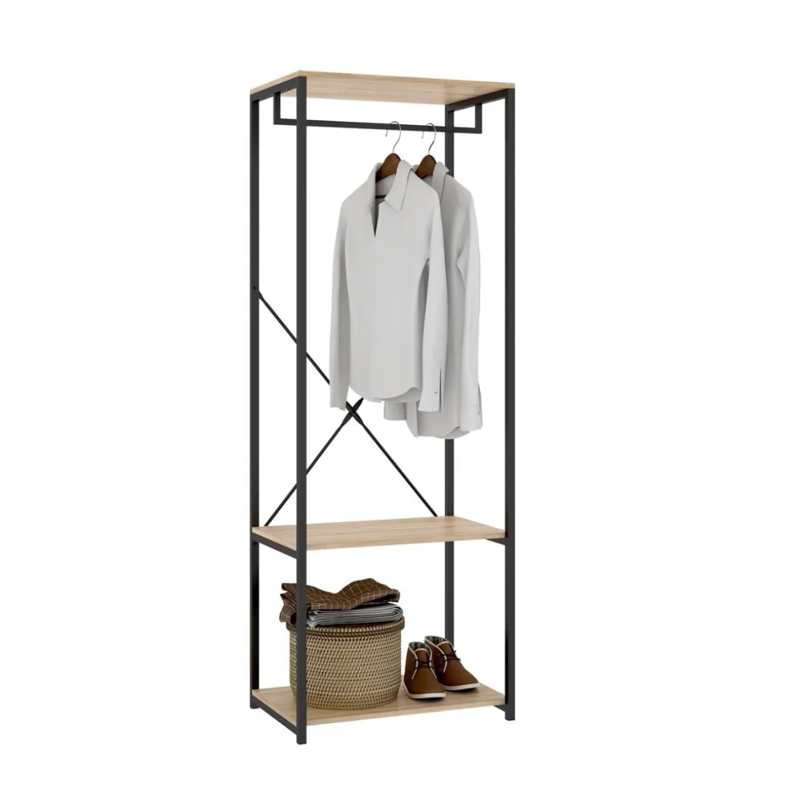 Armario vestidor Tork con barra y estantes negro/natural 167x60x40 cm