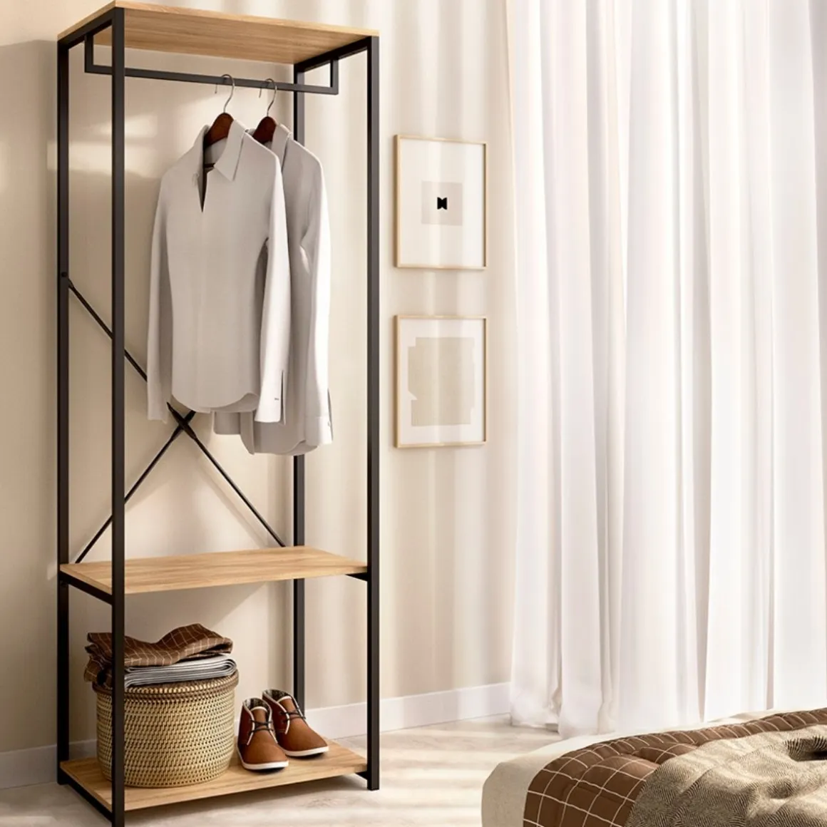 Armario vestidor Tork con barra y estantes negro/natural 167x60x40 cm