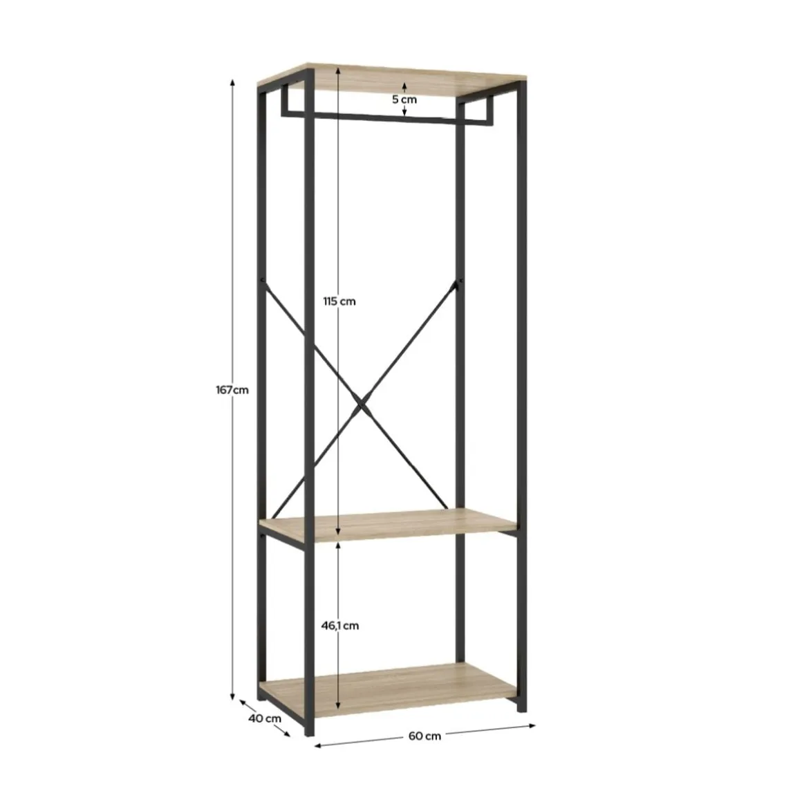 Armario vestidor Tork con barra y estantes negro/natural 167x60x40 cm