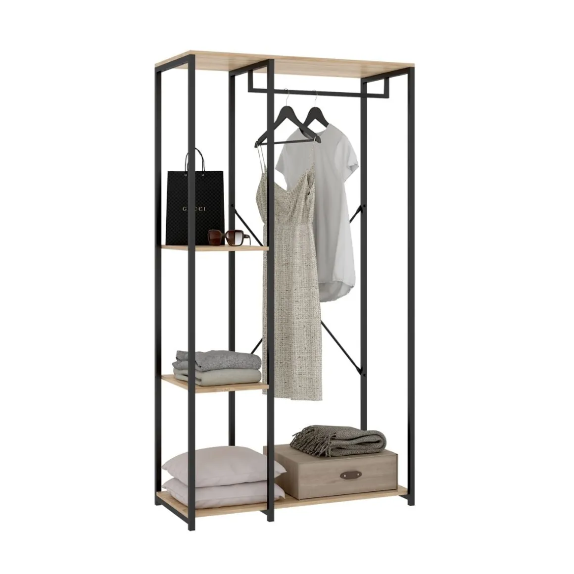 Armario vestidor Tork con barra y 3 estantes negro/natural 167x90x40 cm