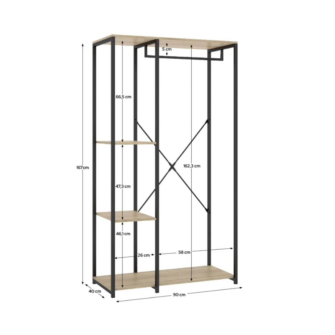 Armario vestidor Tork con barra y 3 estantes negro/natural 167x90x40 cm