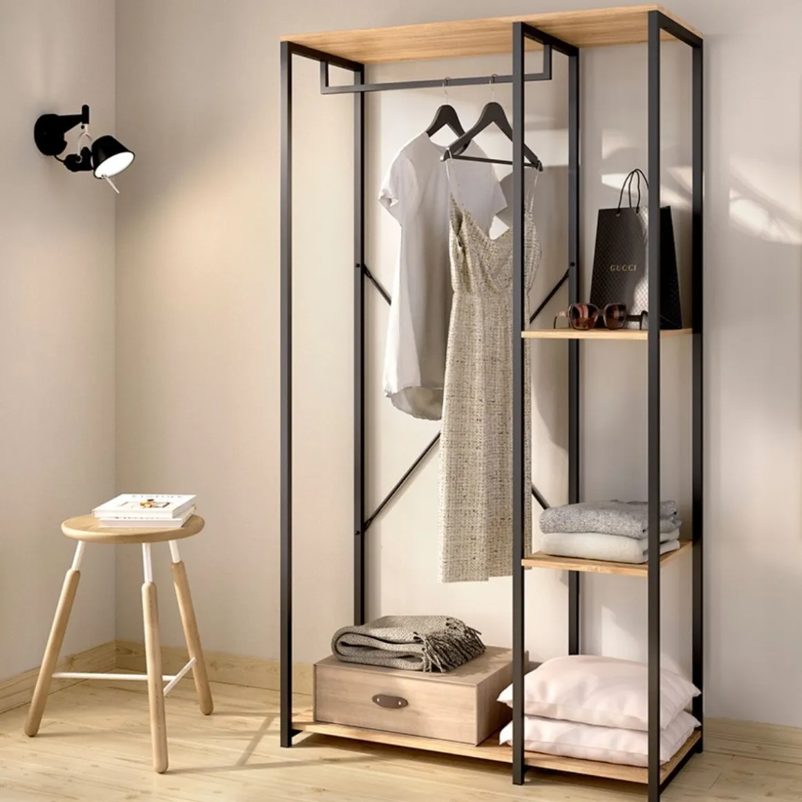 Armario vestidor Tork con barra y 3 estantes negro/natural 167x90x40 cm
