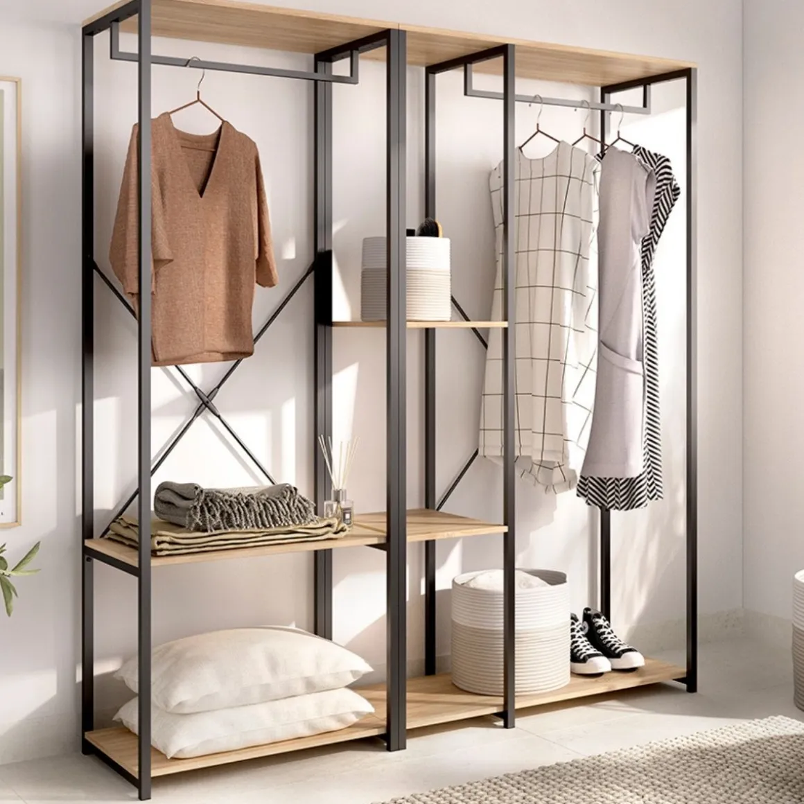 Armario vestidor Trok 2 barras con estantes negro/natural 167x150x40 cm