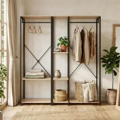 Armario vestidor Trok 2 barras con estantes negro/natural 167x150x40 cm