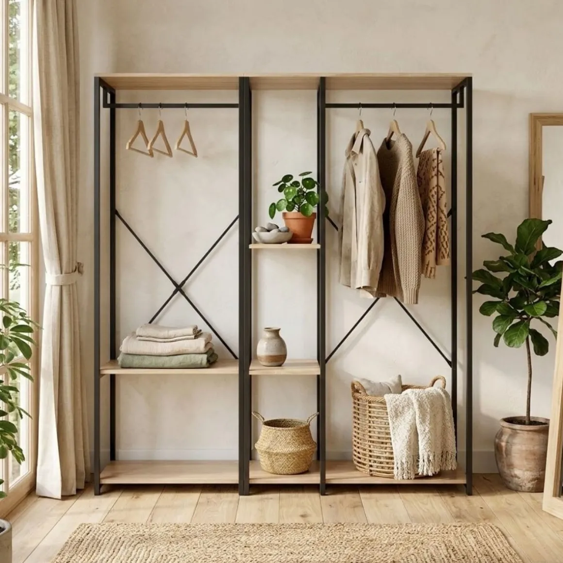Armario vestidor Trok 2 barras con estantes negro/natural 167x150x40 cm