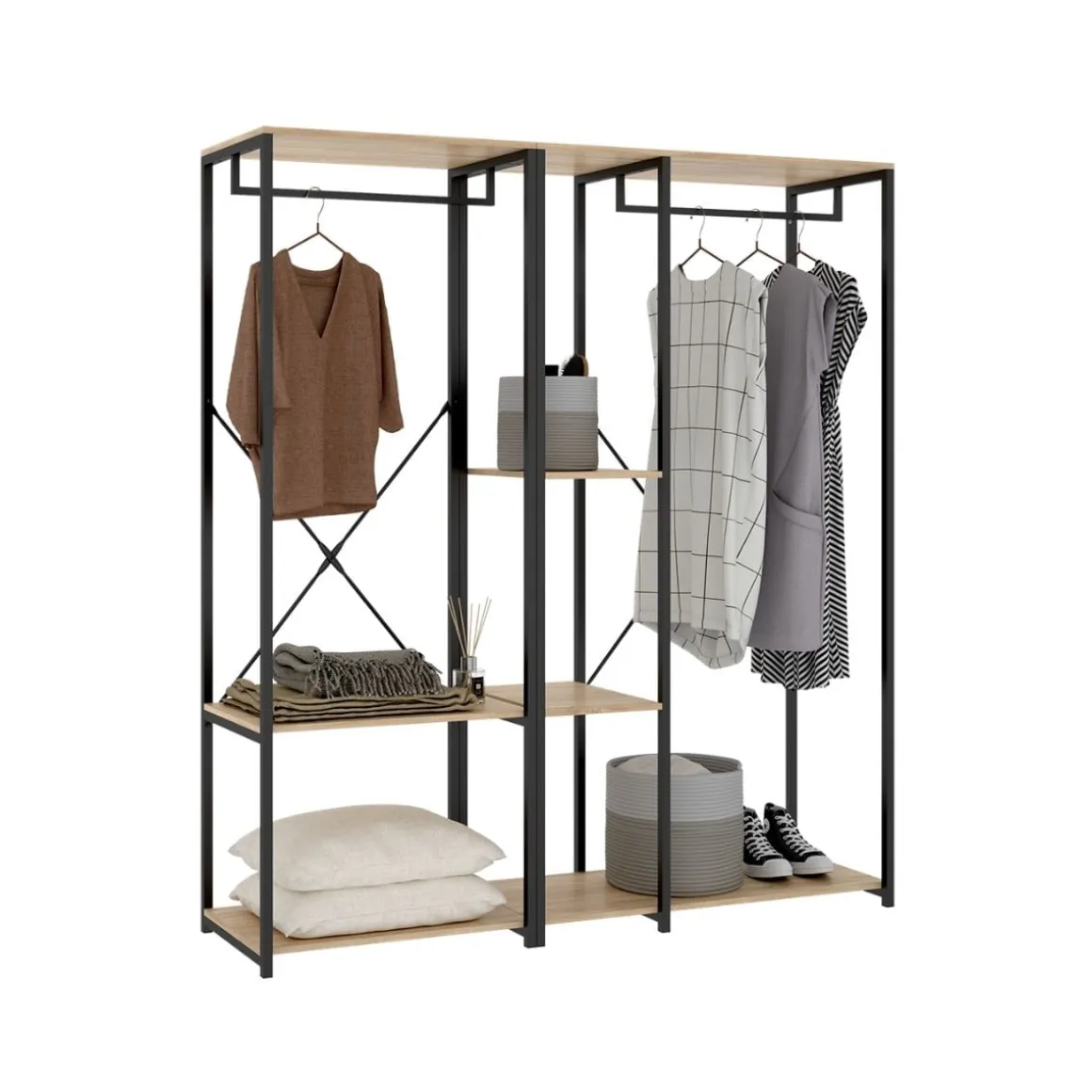 Armario vestidor Trok 2 barras con estantes negro/natural 167x150x40 cm