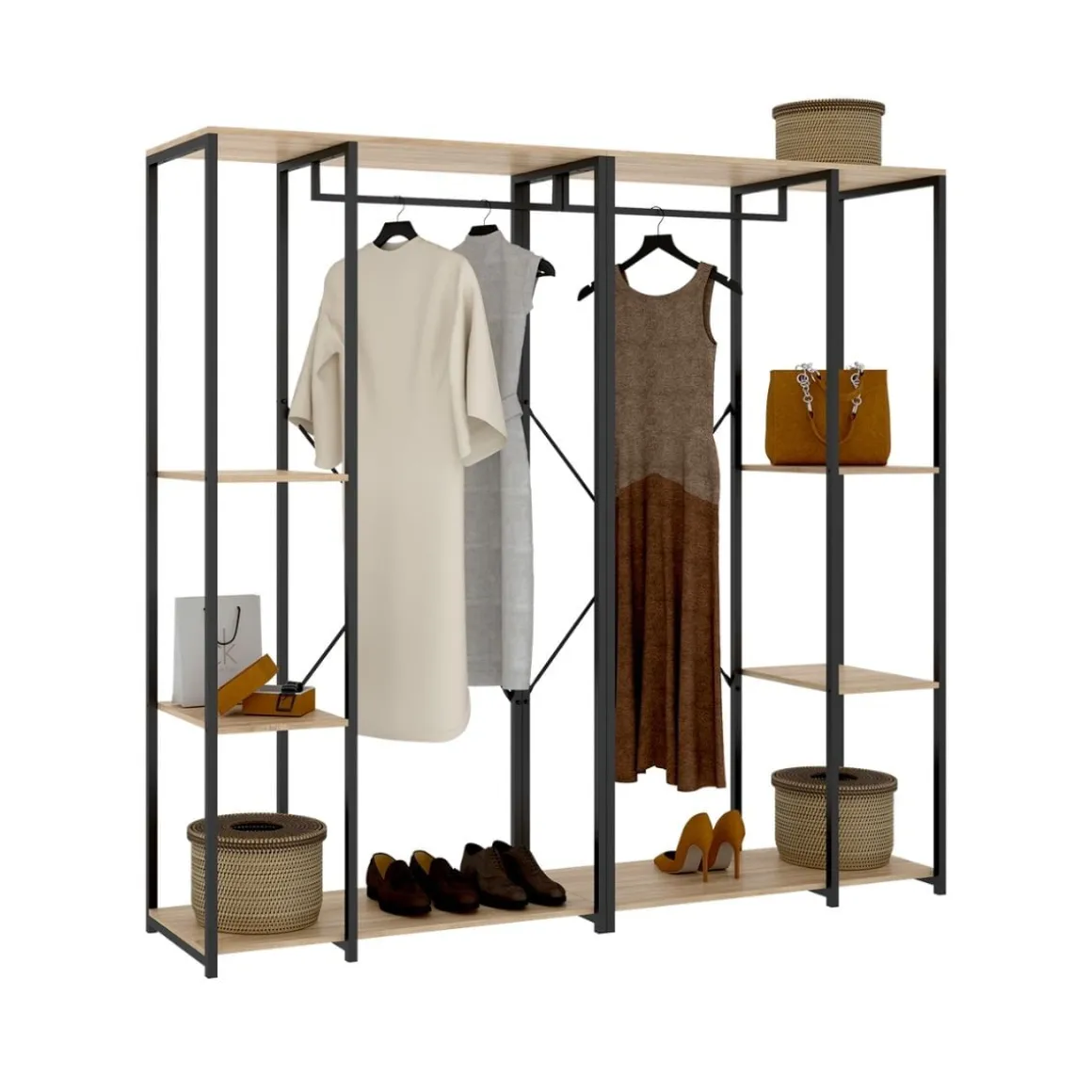 Armario vestidor Trok 2 barras con 4 estantes negro/natural 167x180x40 cm