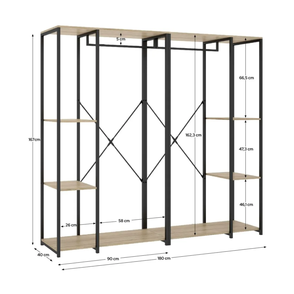 Armario vestidor Trok 2 barras con 4 estantes negro/natural 167x180x40 cm