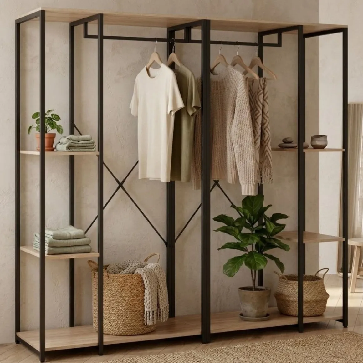 Armario vestidor Trok 2 barras con 4 estantes negro/natural 167x180x40 cm