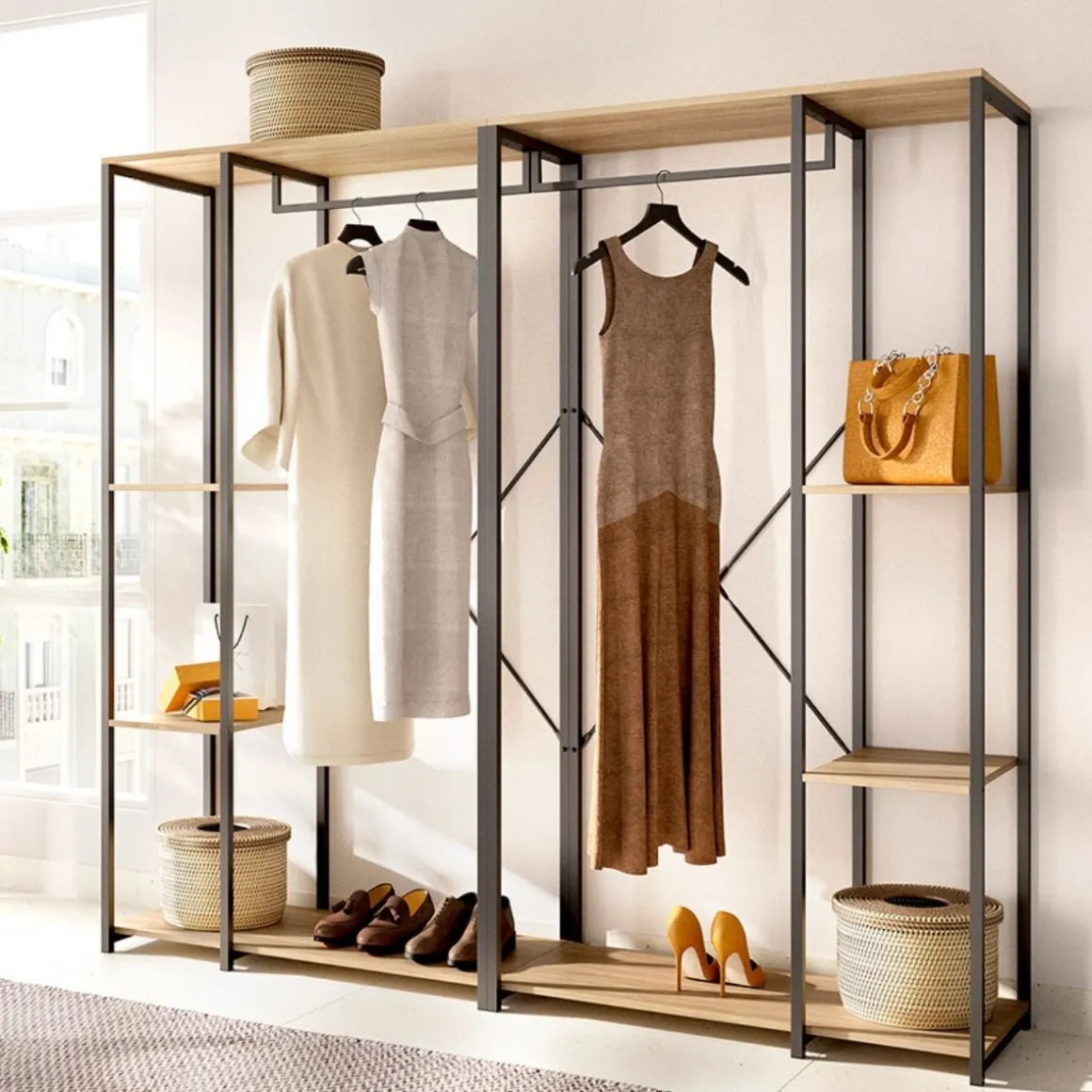 Armario vestidor Trok 2 barras con 4 estantes negro/natural 167x180x40 cm