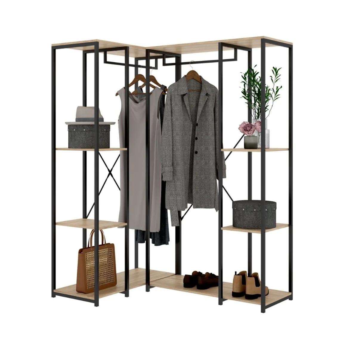 Armario vestidor Trok 2 barras con 4 estantes negro/natural 167x130x90 cm