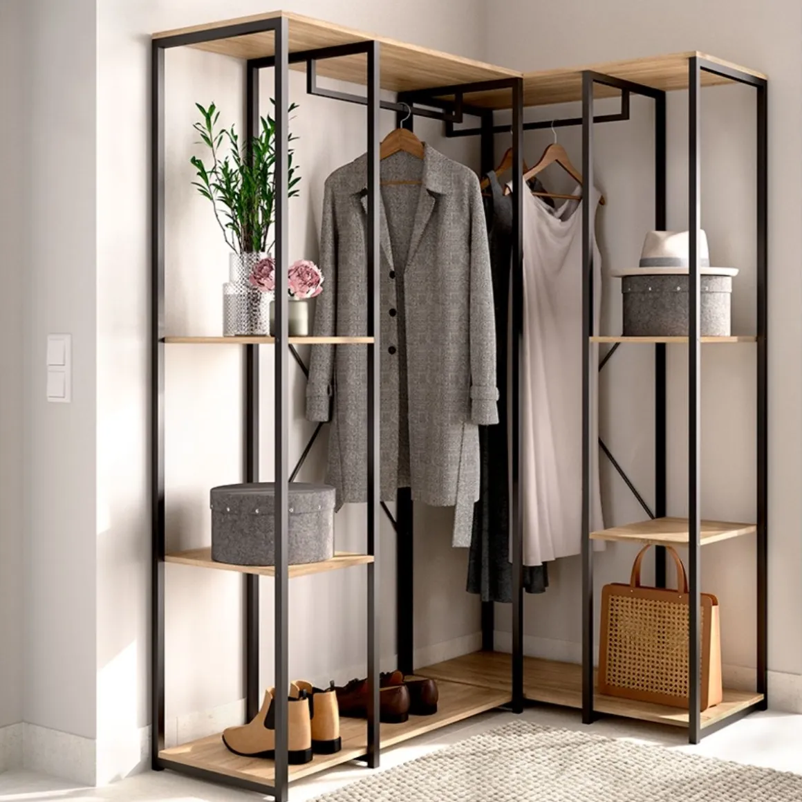 Armario vestidor Trok 2 barras con 4 estantes negro/natural 167x130x90 cm