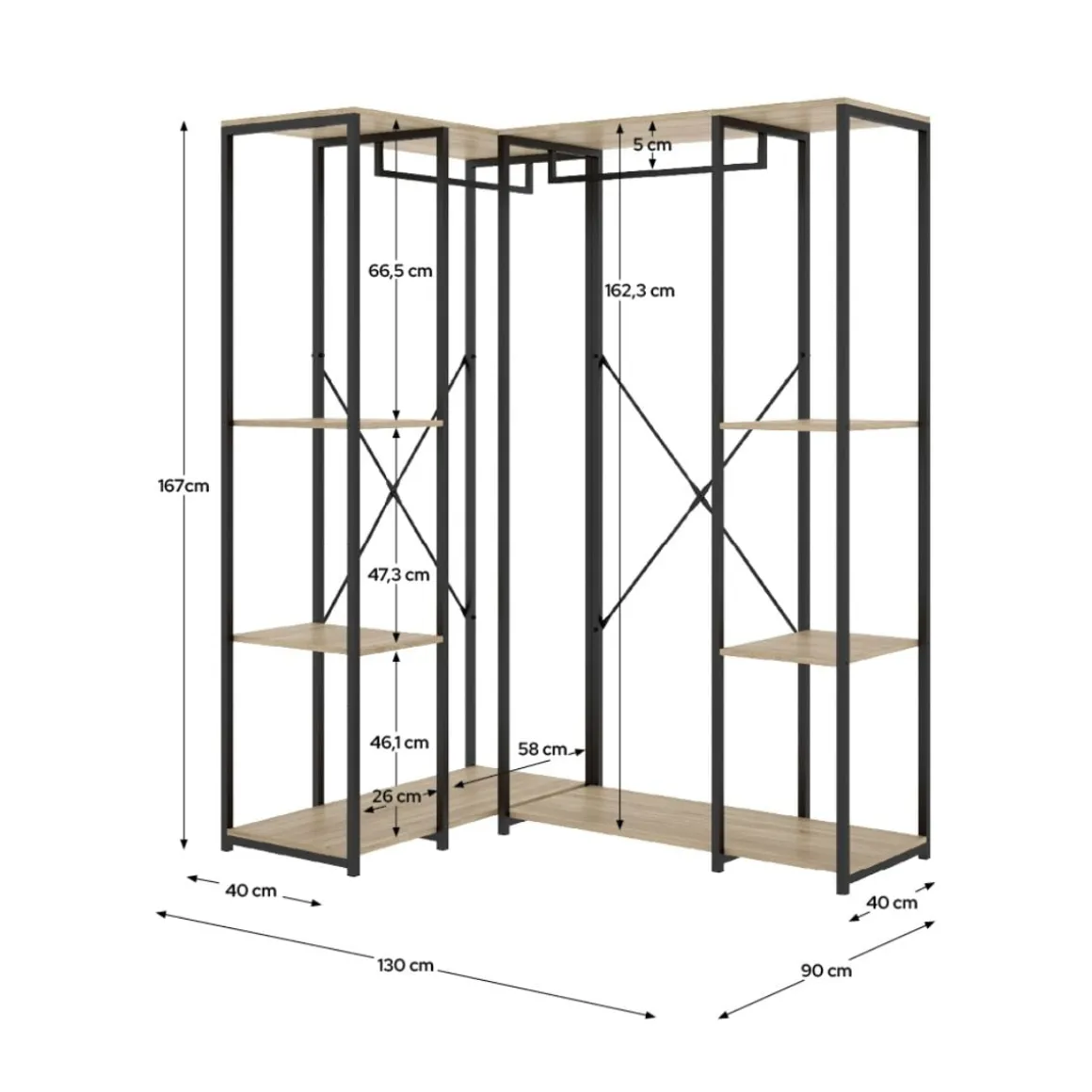 Armario vestidor Trok 2 barras con 4 estantes negro/natural 167x130x90 cm