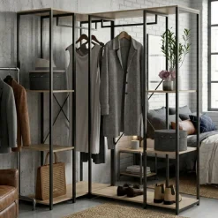 Armario vestidor Trok 2 barras con 4 estantes negro/natural 167x130x90 cm