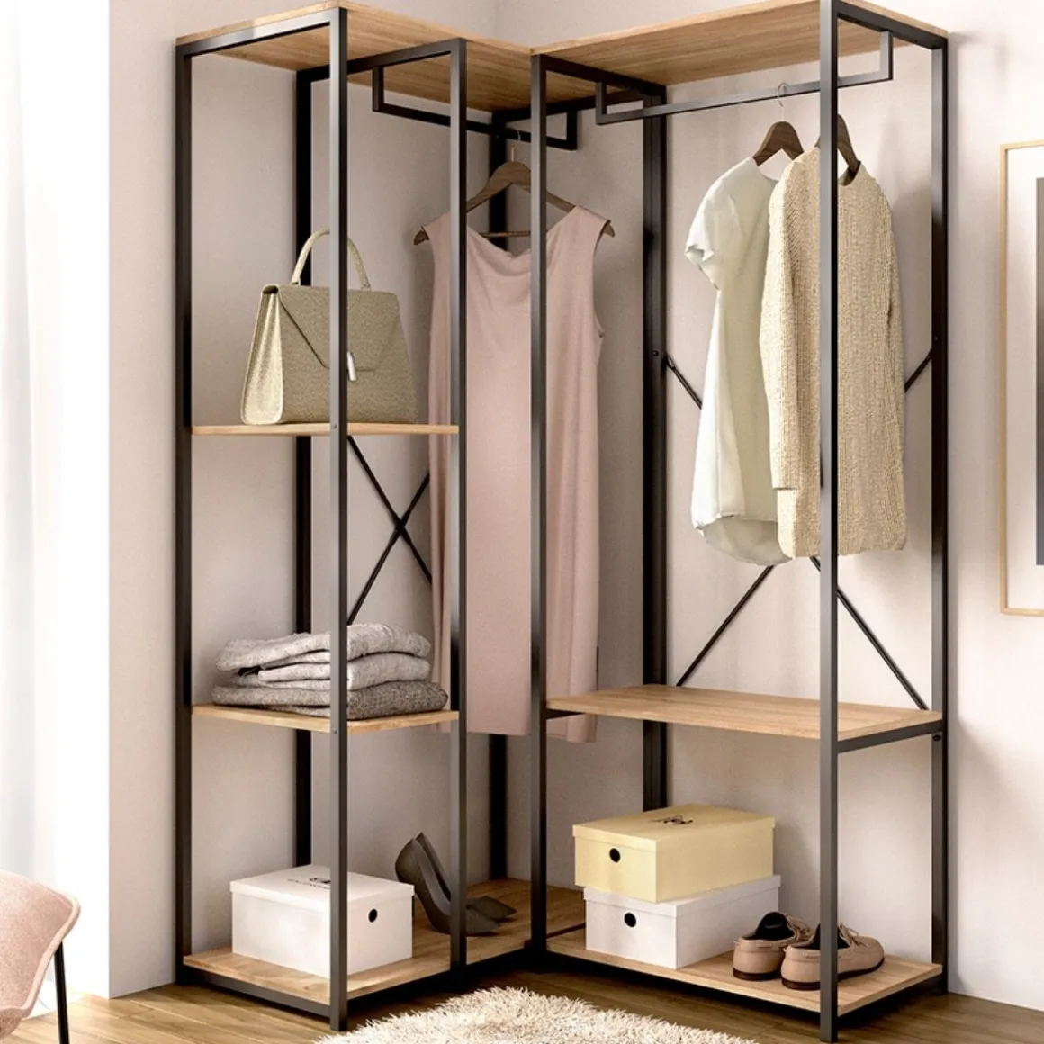 Armario vestidor Trok 2 barras con 3 estantes negro/natural 167x100x90 cm