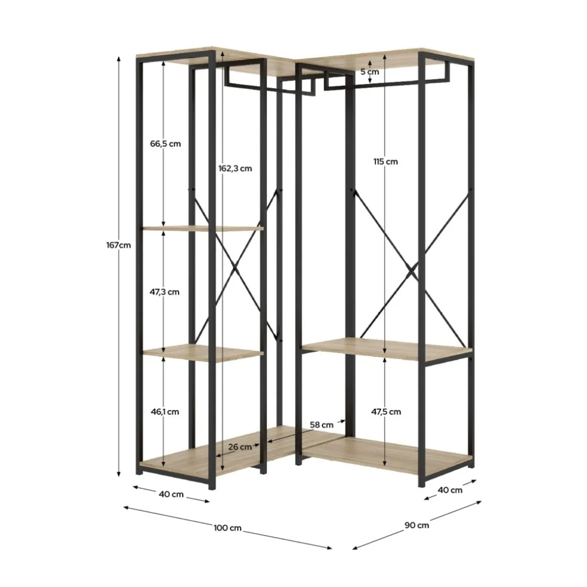 Armario vestidor Trok 2 barras con 3 estantes negro/natural 167x100x90 cm