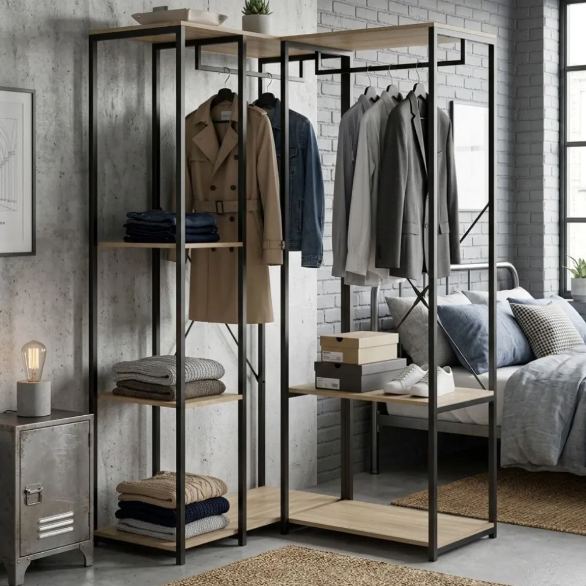 Armario vestidor Trok 2 barras con 3 estantes negro/natural 167x100x90 cm