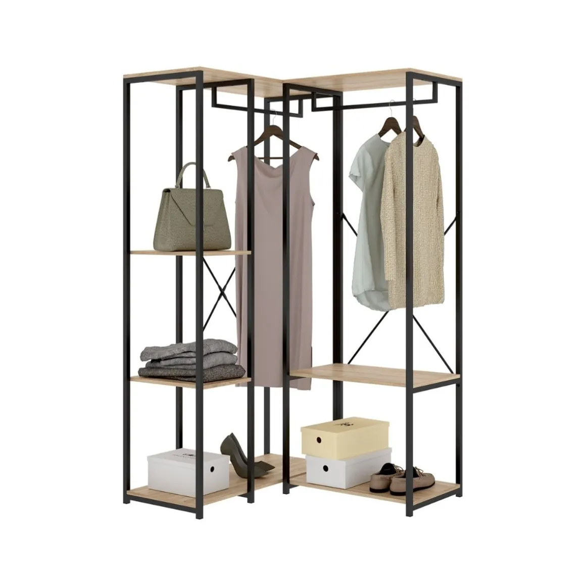 Armario vestidor Trok 2 barras con 3 estantes negro/natural 167x100x90 cm