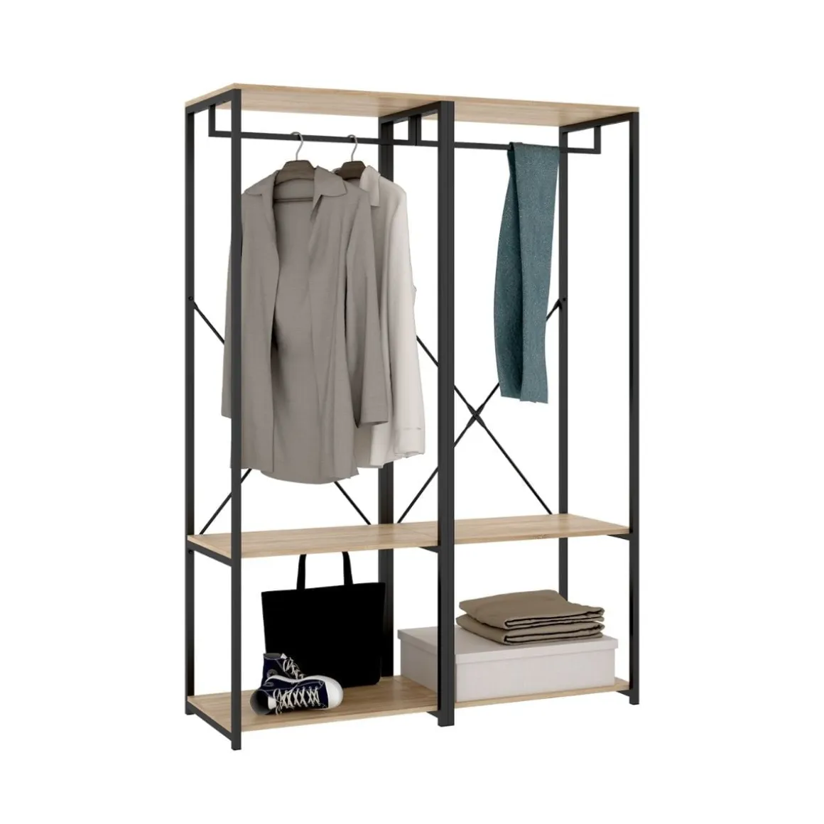 Armario vestidor Trok 2 barras con estantes negro/natural 167x120x40 cm