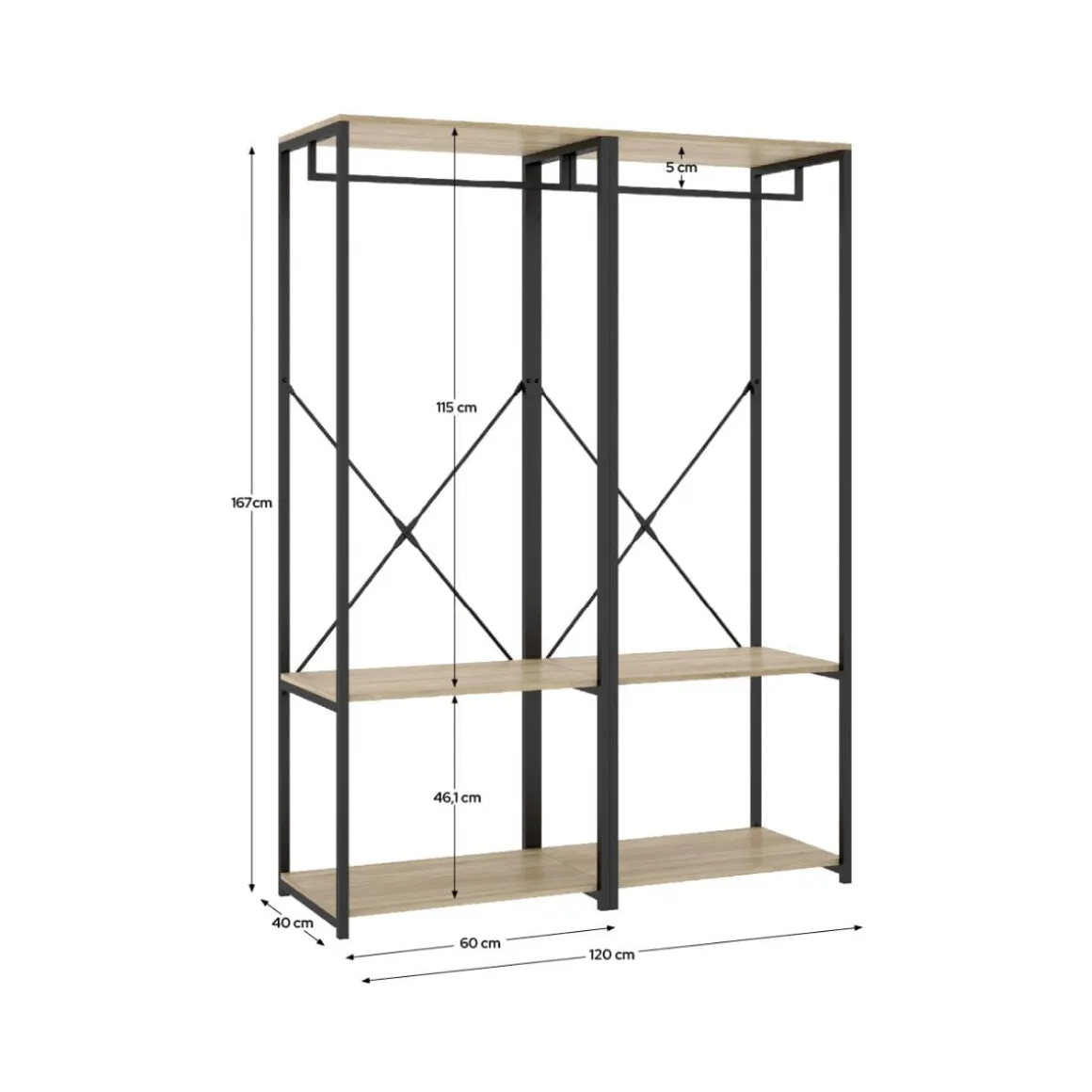 Armario vestidor Trok 2 barras con estantes negro/natural 167x120x40 cm