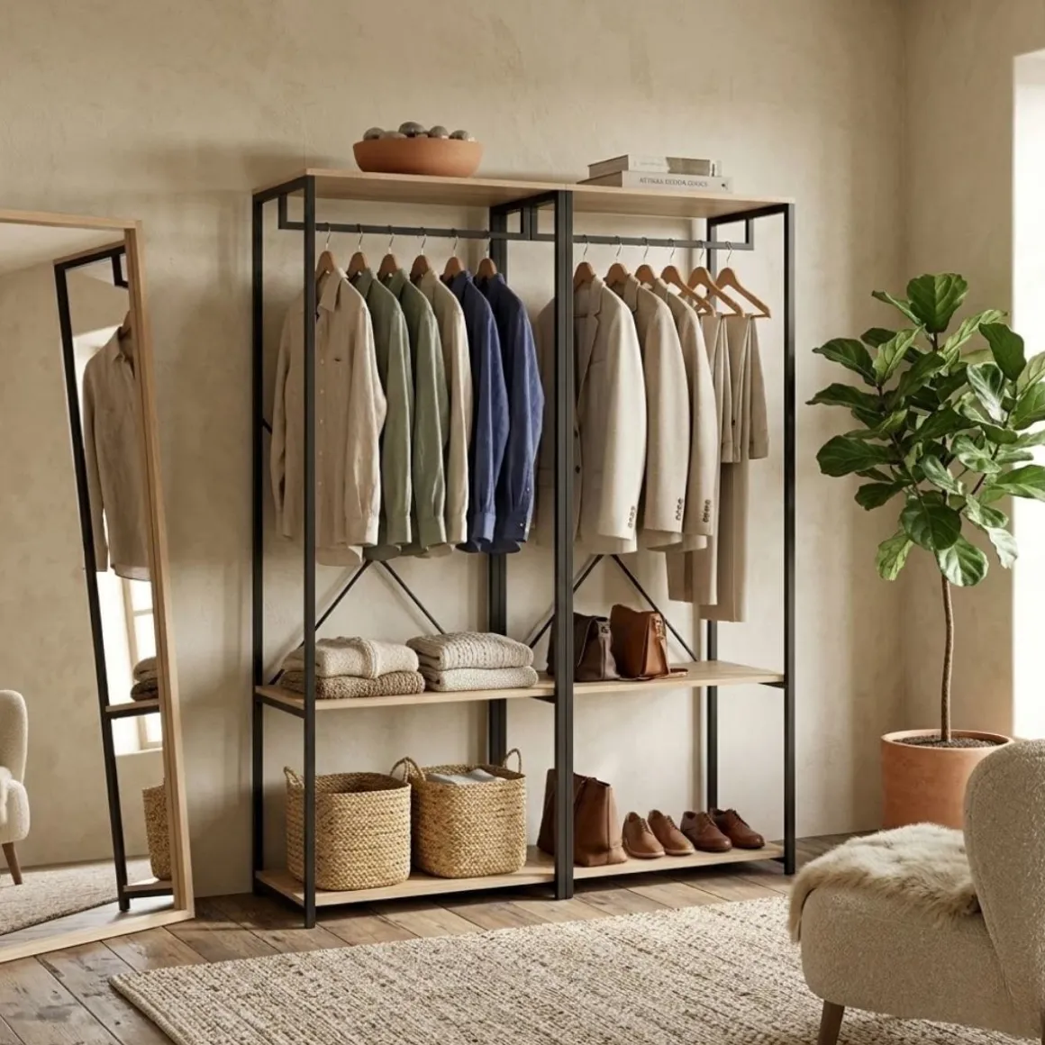Armario vestidor Trok 2 barras con estantes negro/natural 167x120x40 cm