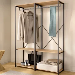 Armario vestidor Trok 2 barras con estantes negro/natural 167x120x40 cm