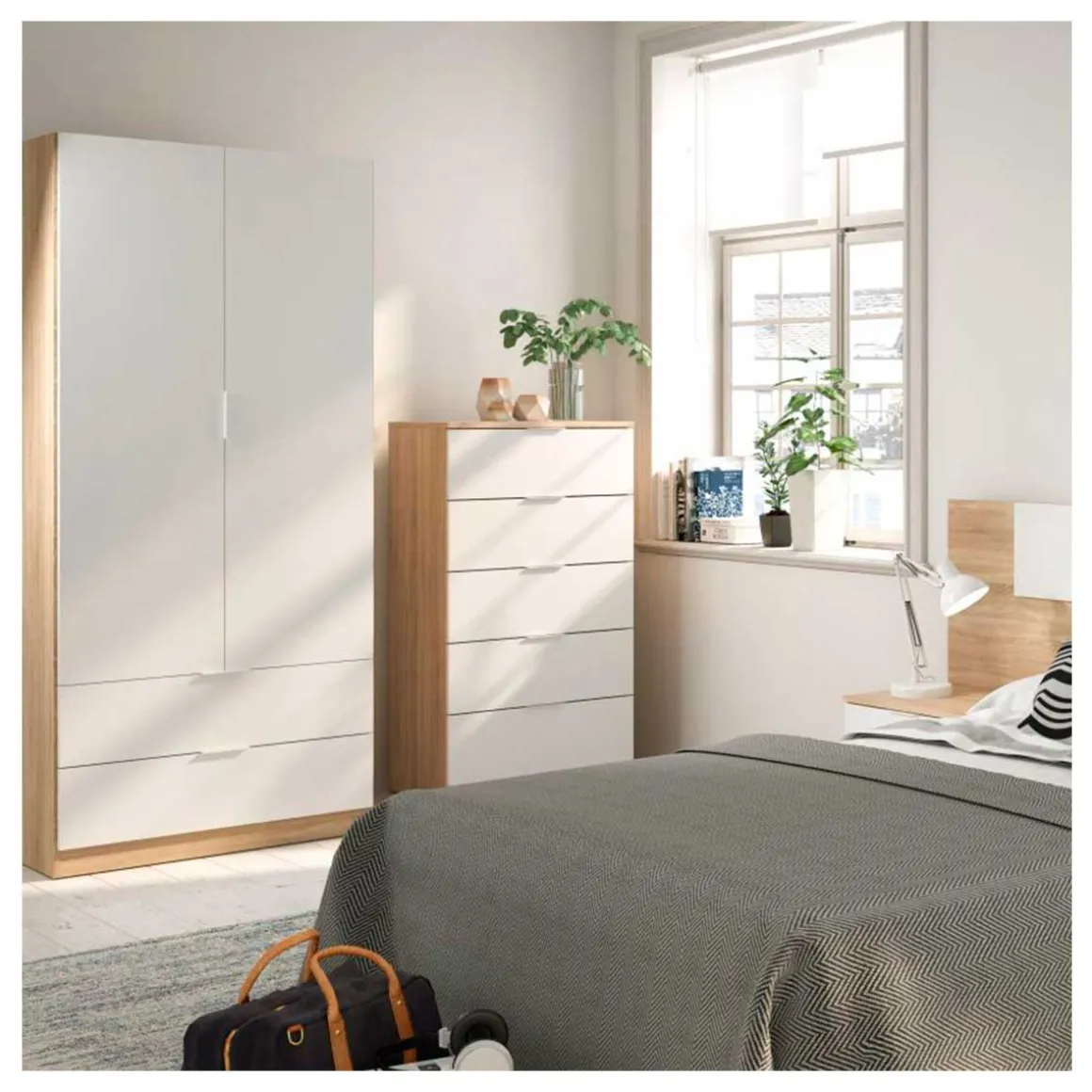 Armario Youth 2 puertas + 2 cajones blanco/madera 180x81,5x52 cm