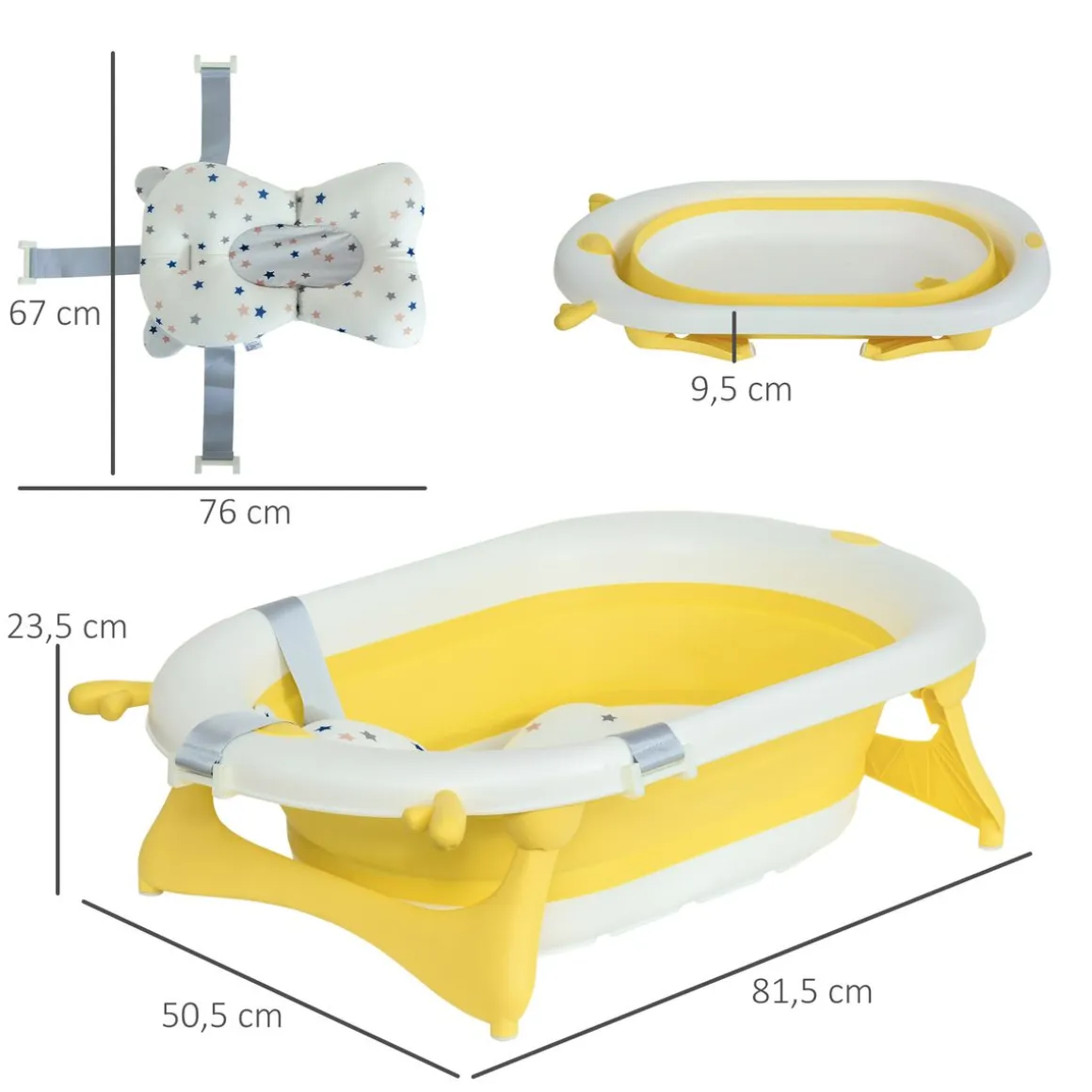 Bañera plegable para bebés Glu Homcom con cojín 0-3A amarillo 23,5x81,5x50,5 cm