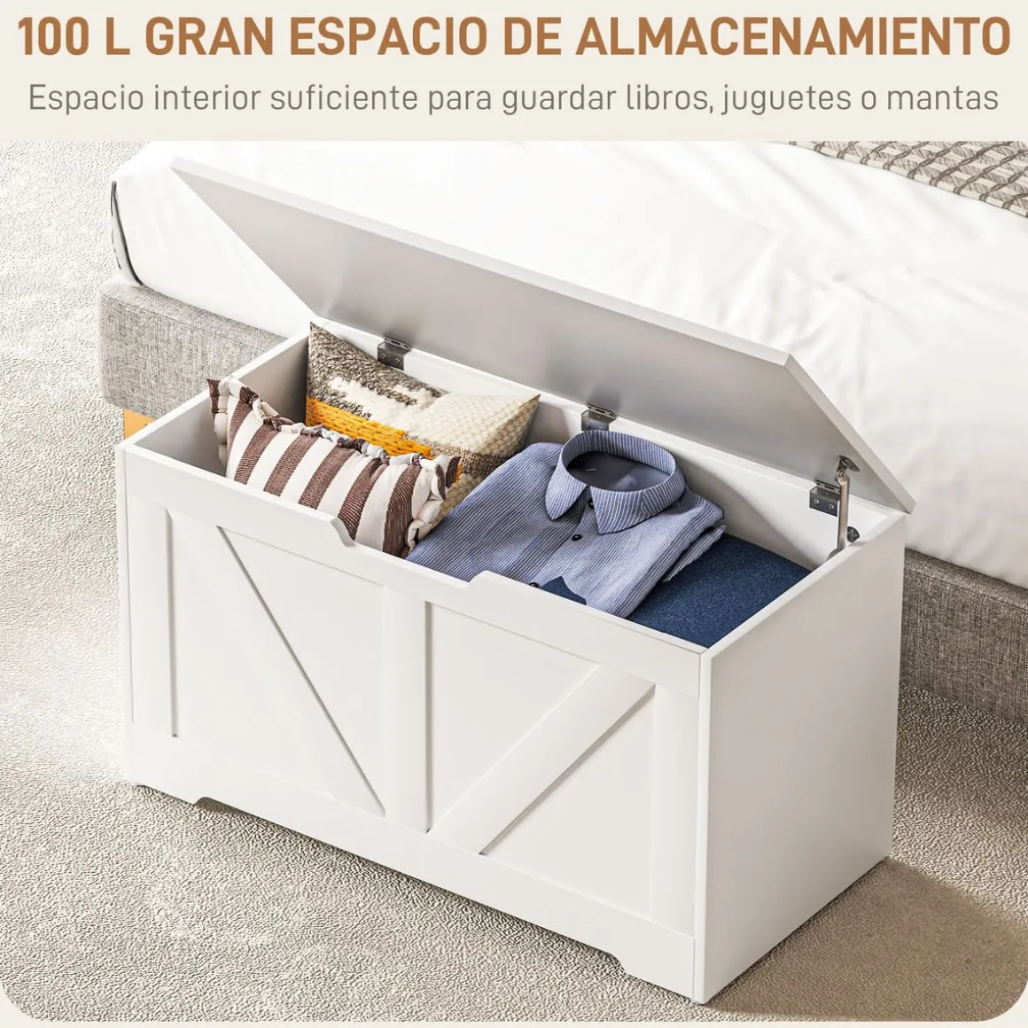 Baúl de almacenaje Tropical Homcom 100L tapa abatible blanco 45x80x40 cm