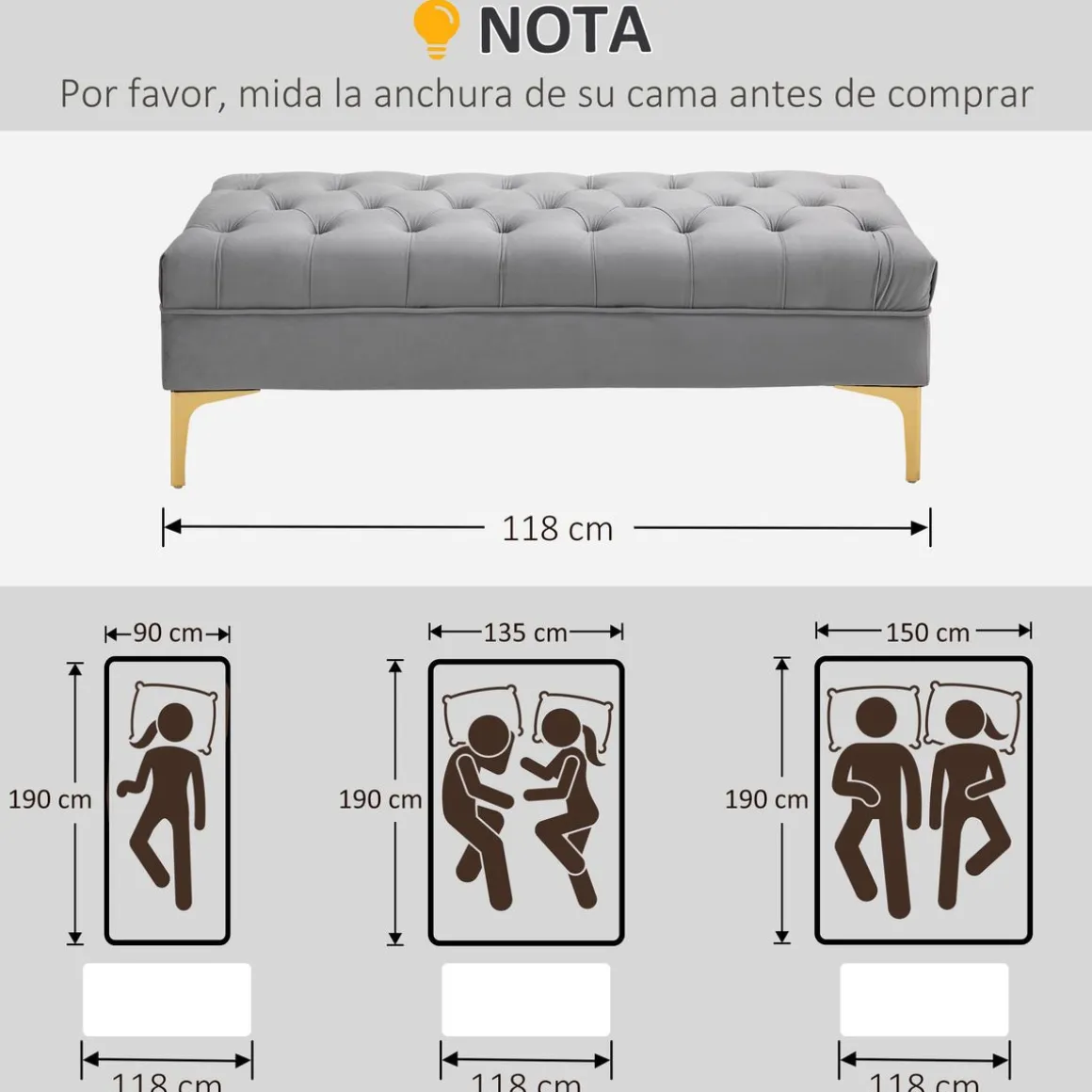 Banco Ashma Homcom acolchado con patas gris 42x118x45 cm