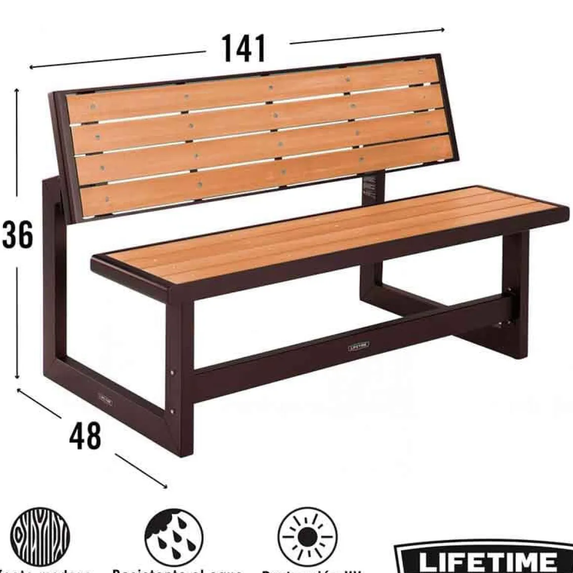Banco convertible en mesa Lifetime efecto madera marrón 36x141x48 cm