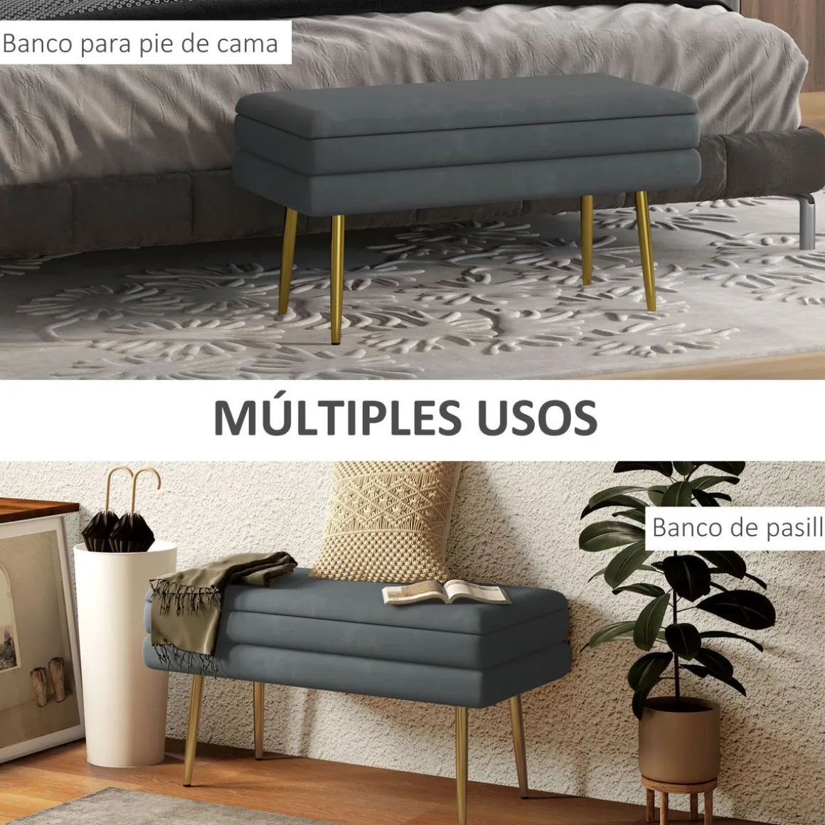 Banco de almacenaje Gatsby Homcom acolchado gris oscuro 43x79,5x37,5 cm