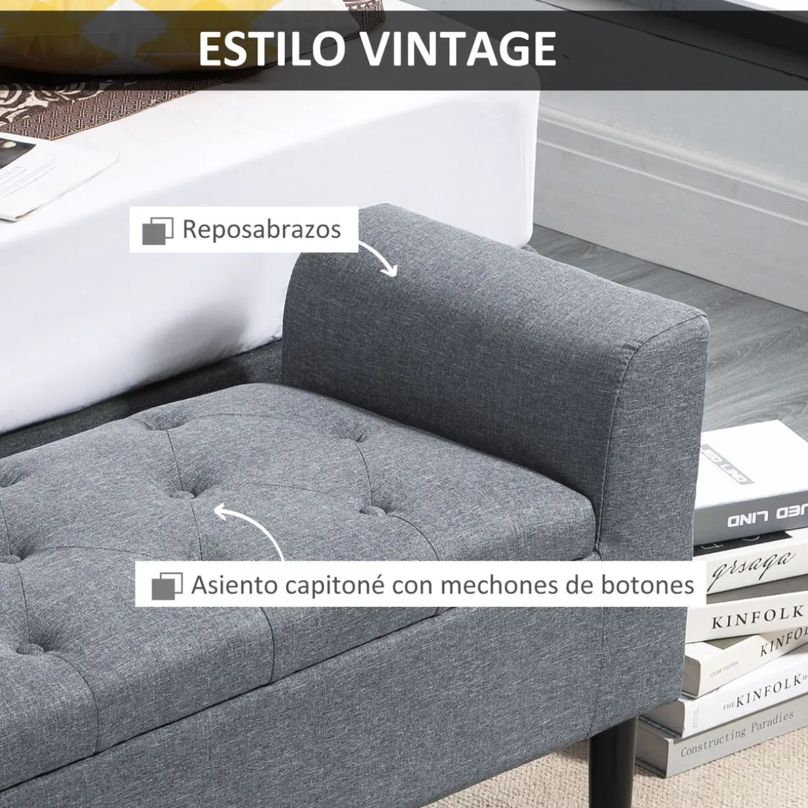 Banco de almacenaje Slim Homcom con tapa abatible gris 58x116x44 cm