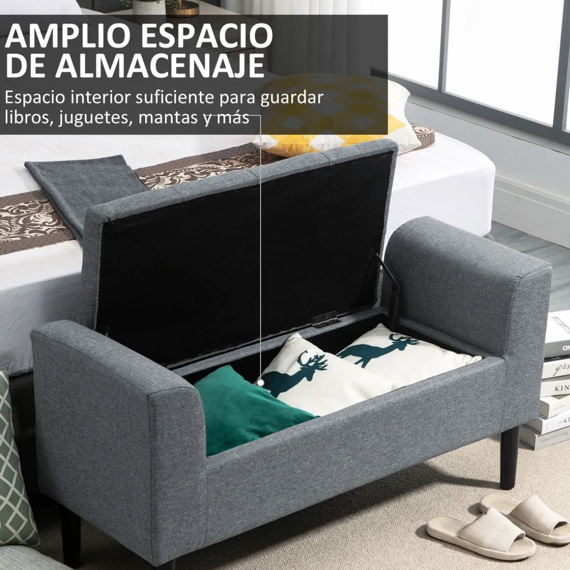 Banco de almacenaje Slim Homcom con tapa abatible gris 58x116x44 cm