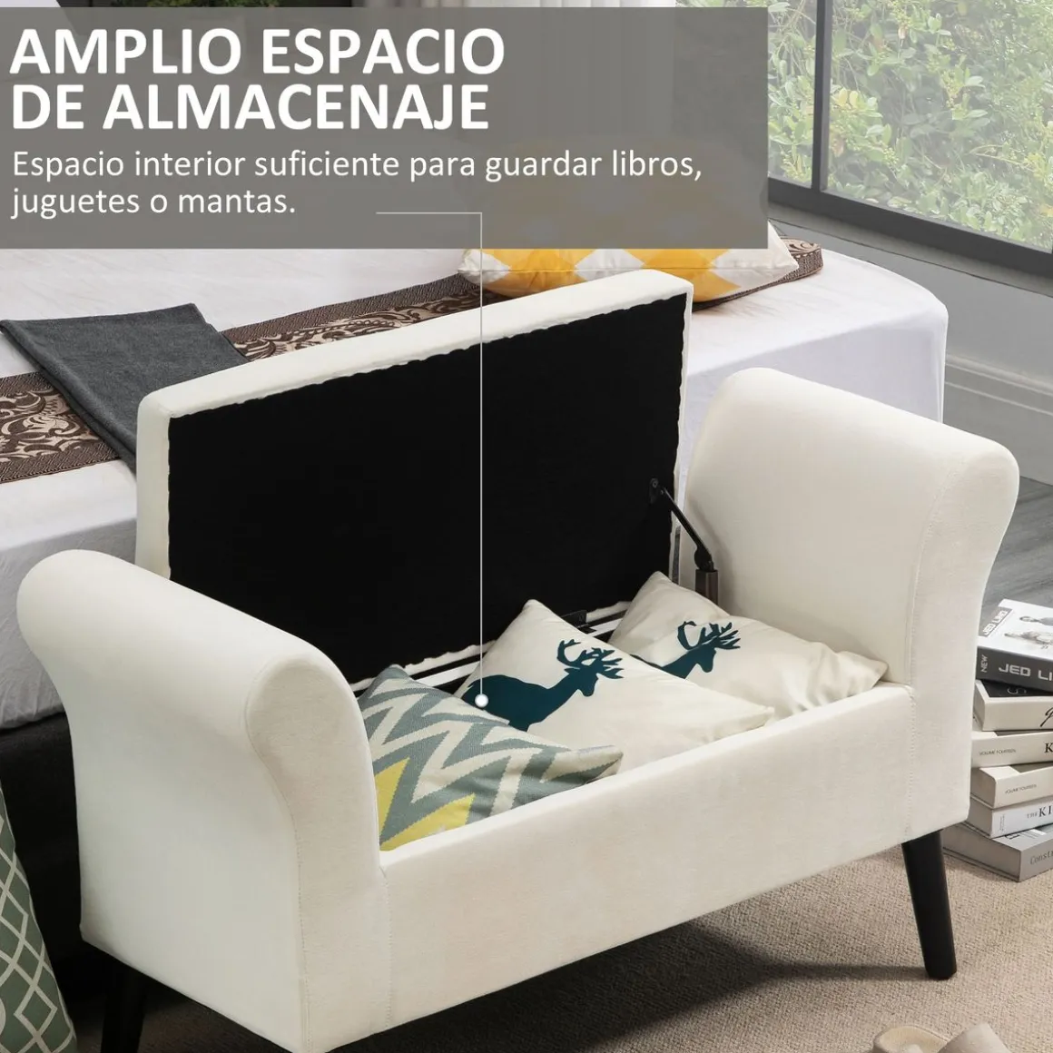 Banco de almacenaje Unakita Homcom con tapa abatible crema 65x111,5x41 cm