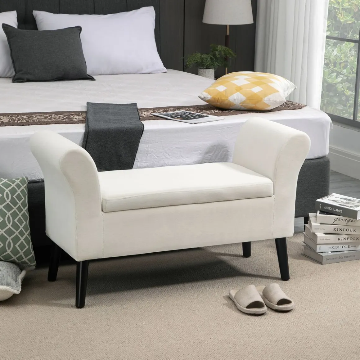 Banco de almacenaje Unakita Homcom con tapa abatible crema 65x111,5x41 cm