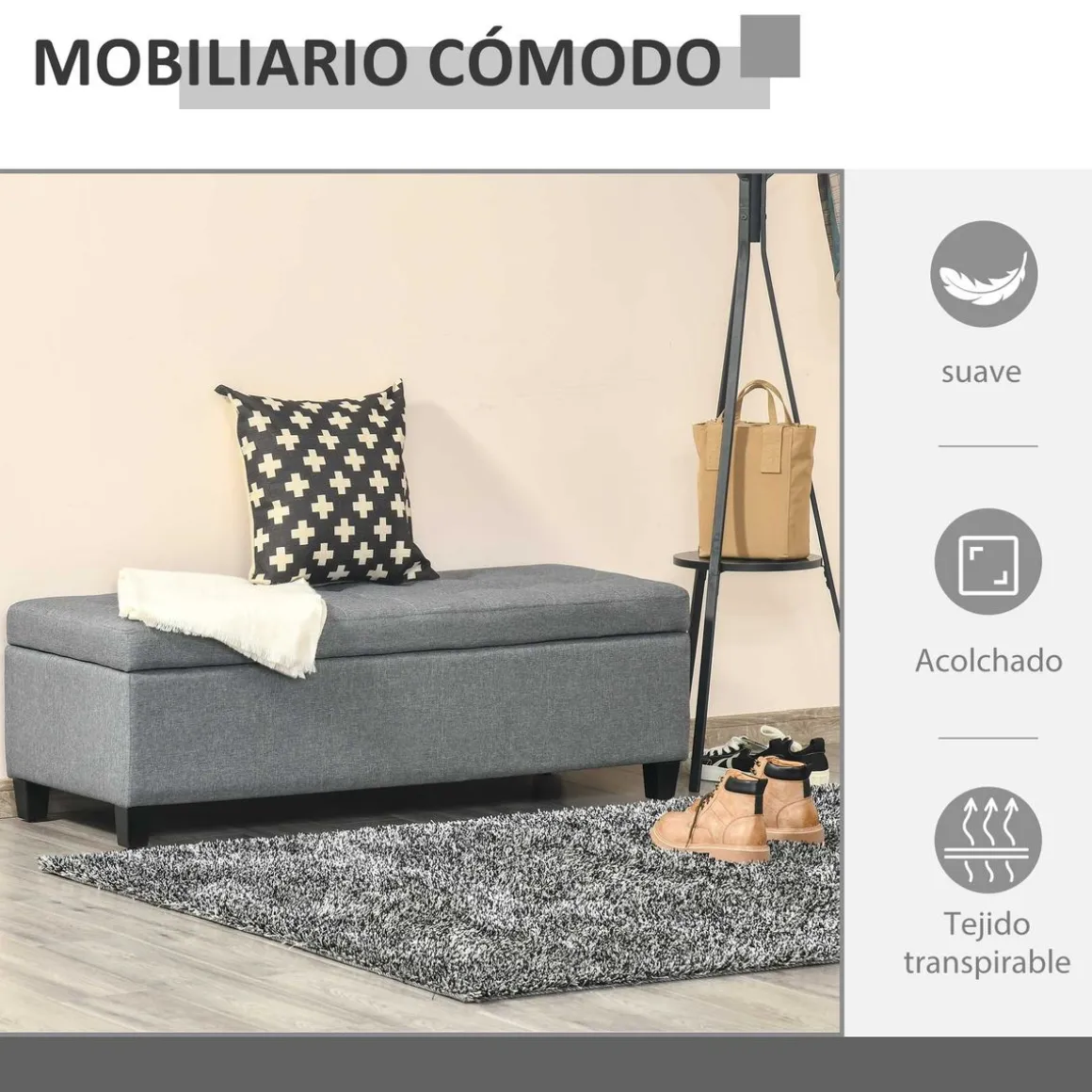Banco de almacenamiento Homcom acolchado gris 41,5x125x49 cm