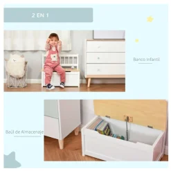 Banco de almacenamiento infantil Homcom con tapa y respaldo +2A blanco/natural 50x60x30 cm