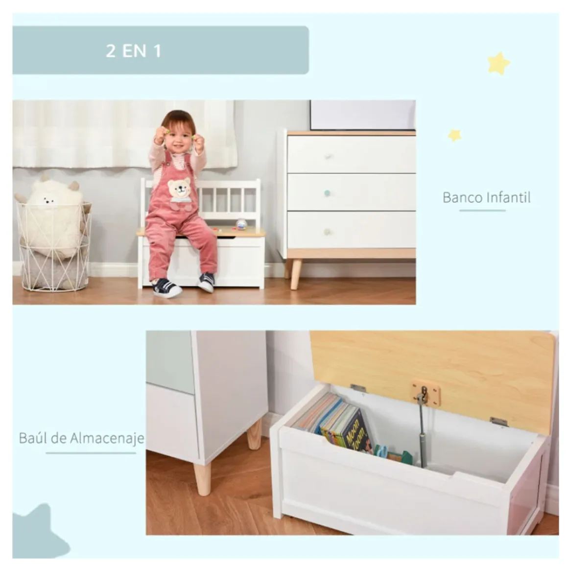 Banco de almacenamiento infantil Homcom con tapa y respaldo +2A blanco/natural 50x60x30 cm