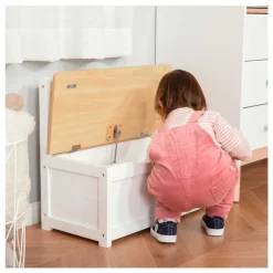 Banco de almacenamiento infantil Homcom con tapa y respaldo +2A blanco/natural 50x60x30 cm
