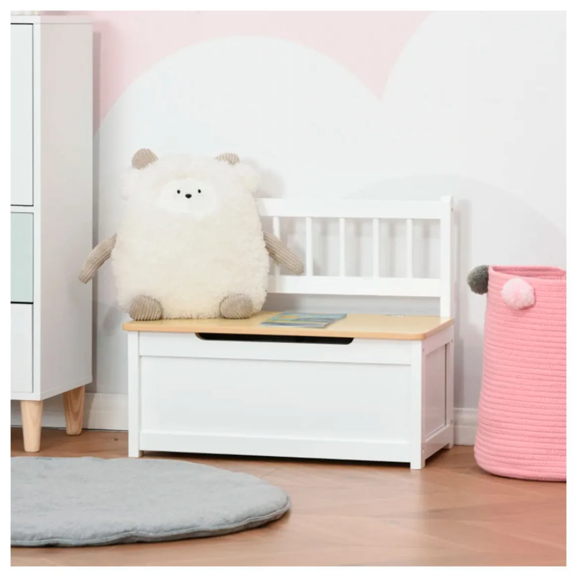 Banco de almacenamiento infantil Homcom con tapa y respaldo +2A blanco/natural 50x60x30 cm
