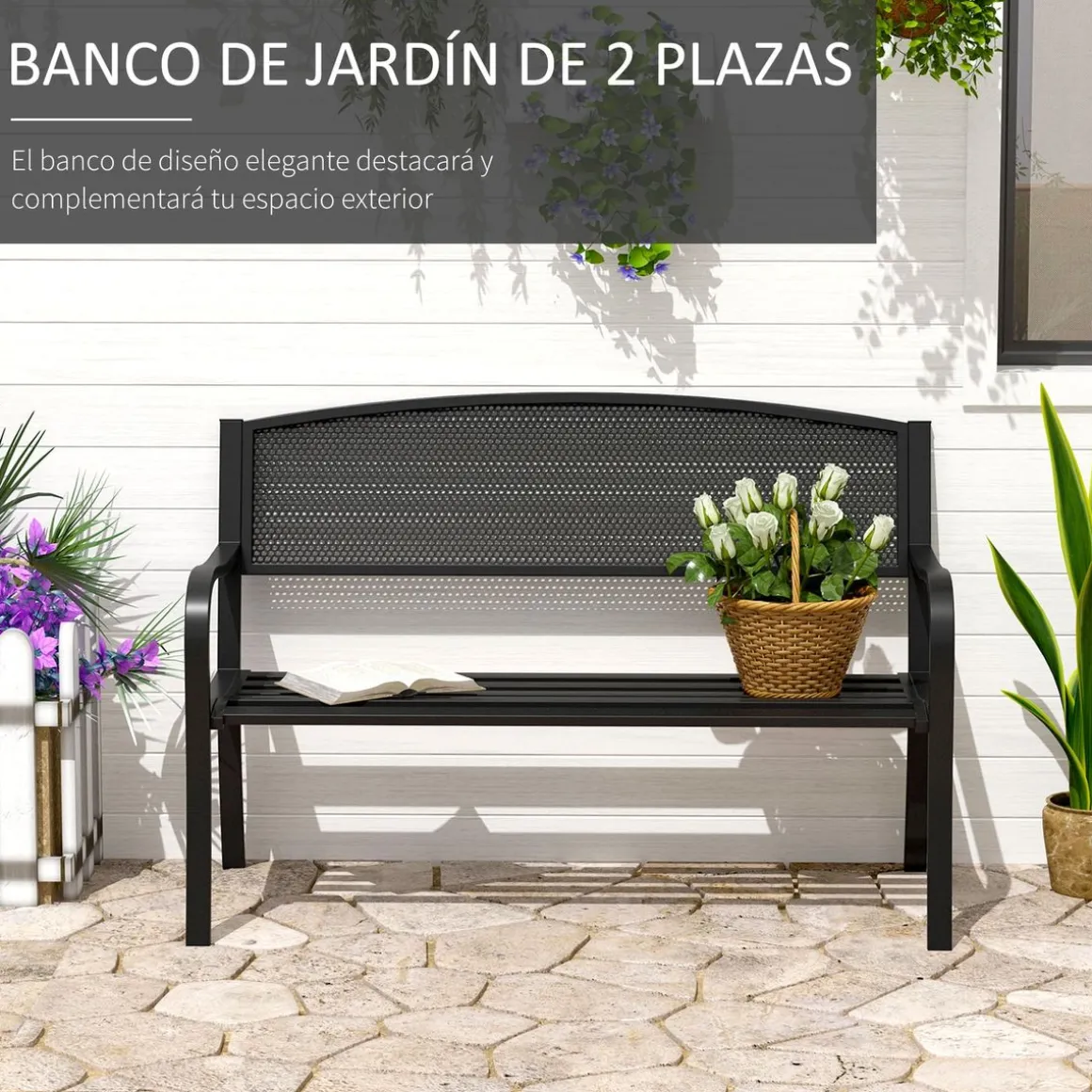 Banco de exterior Up Outsunny 2 plazas negro 87x127x60 cm