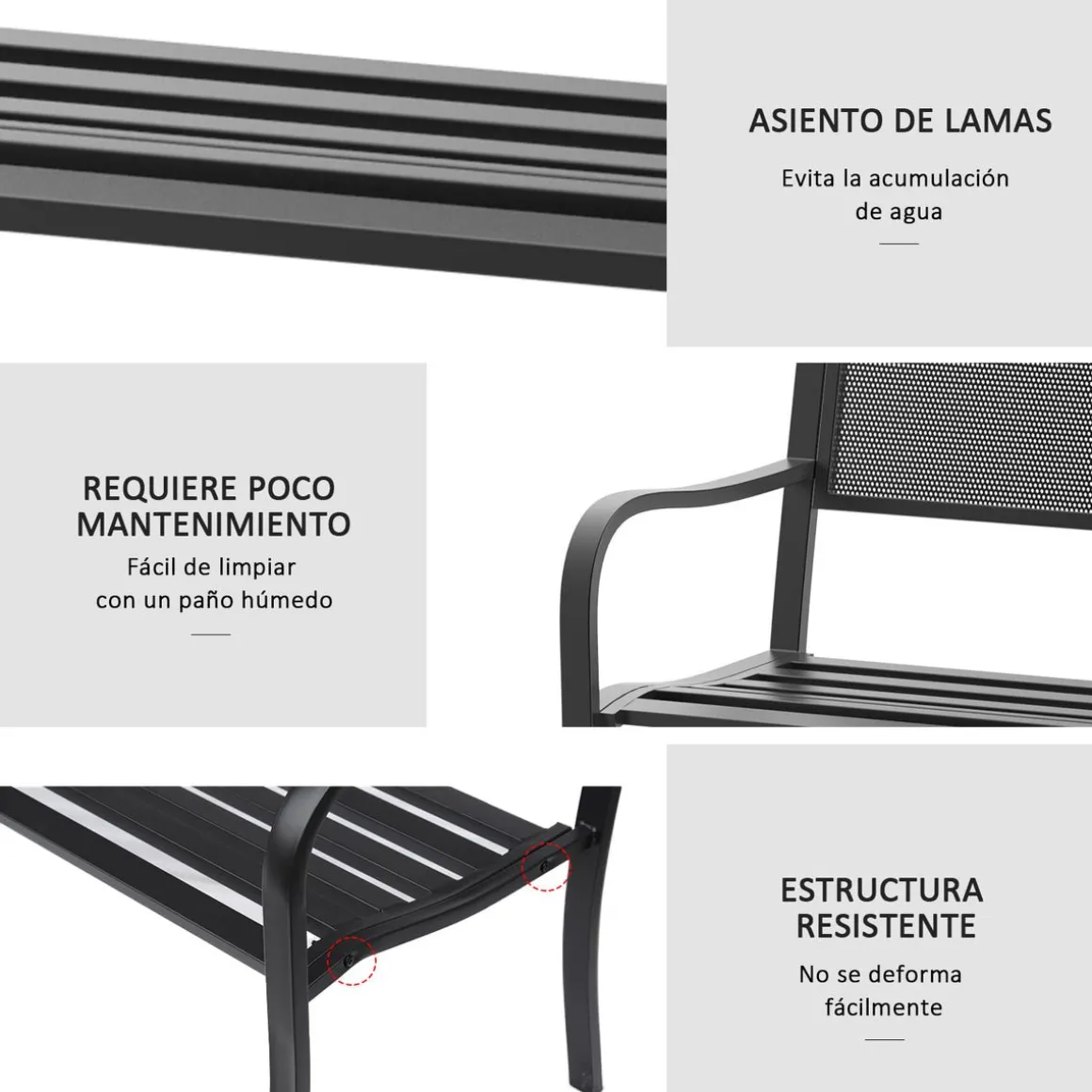 Banco de exterior Up Outsunny 2 plazas negro 87x127x60 cm