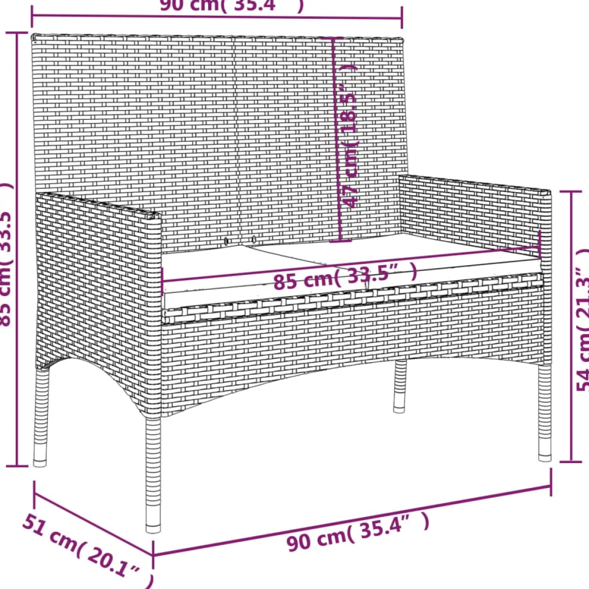 Banco de jardín 2 plazas estructura de ratán con cojines 85x90x51 cm