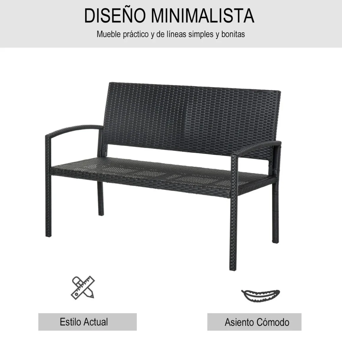 Banco de jardín Lounge Outsunny 2 plazas negro 85x122x60 cm