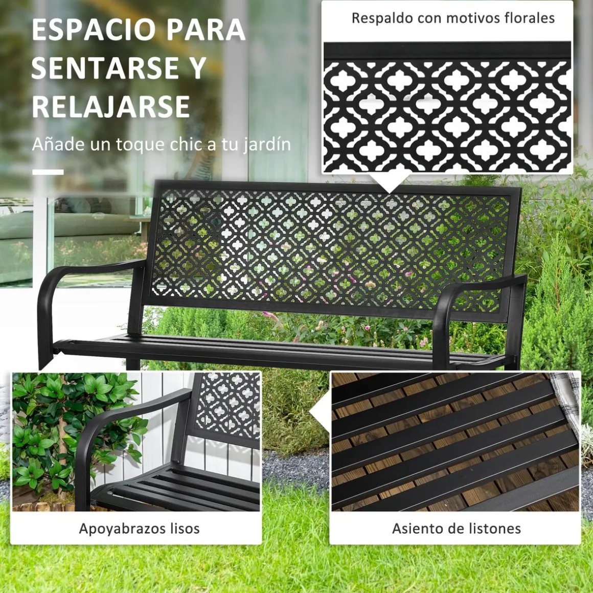 Banco de jardín Outsunny 2 plazas negro 83x127x63 cm