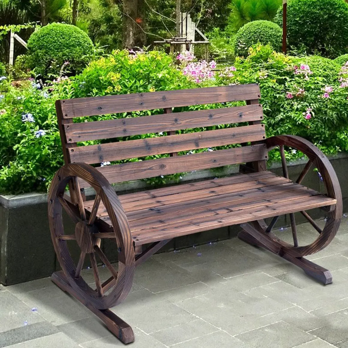 Banco de jardín Outsunny diseño rueda natural 105,5x56x75 cm