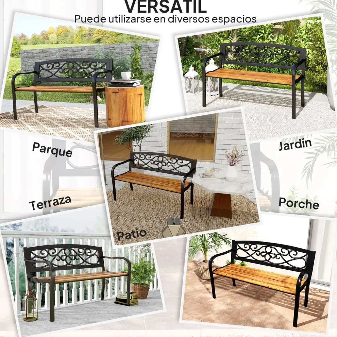 Banco de jardín Renata Outsunny 2 plazas respaldo forjado negro/marrón 80x127x56 cm
